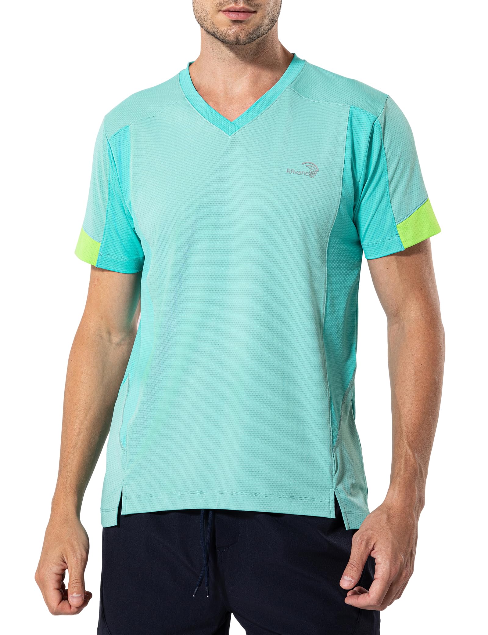 RRvane Men's V-Neck Sports Top, Lightweight Quick-Dry Running Shirt with Reflective Detail & Mesh Panels (XL, Turquoise)
