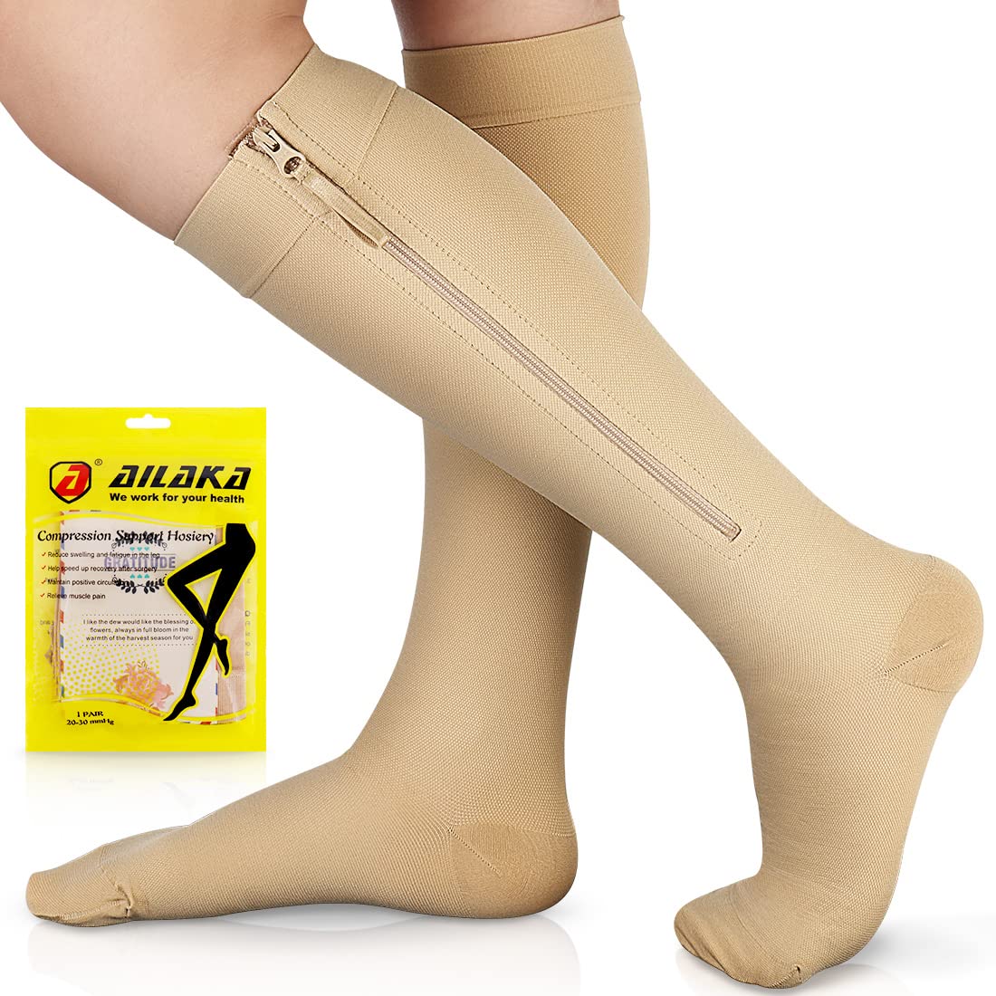 Ailaka Zipper Compression Socks for Men Women - 20-30 mmHg Close Toe Knee High Medical Comp