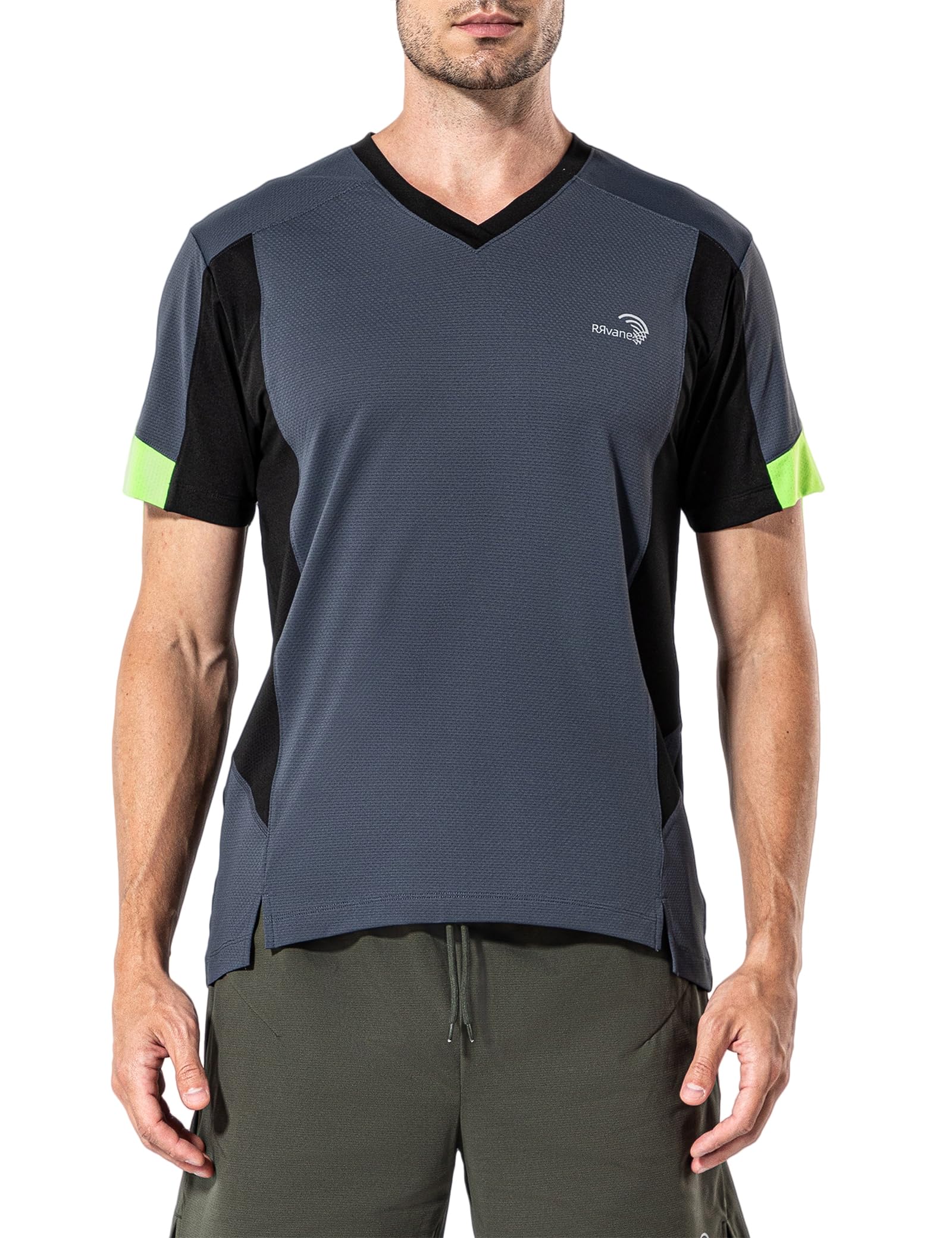 RRvane Men's V-Neck Sports Top, Lightweight Quick-Dry Running Shirt with Reflective Detail & Mesh Panels (XL, Dark Grey)