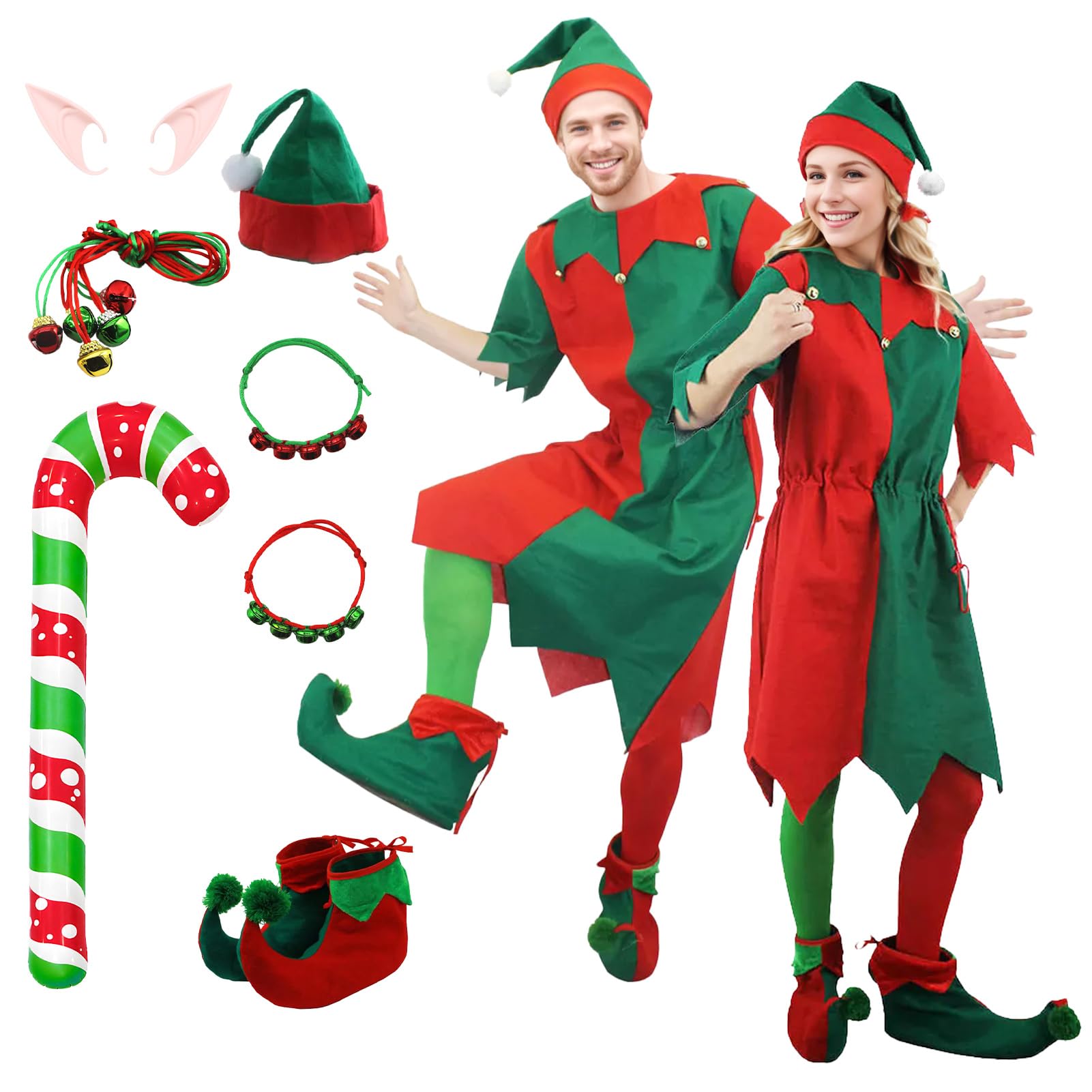 SERTAS Christmas Elf Costume Adult Unisex,Adult Cosplay Costume,Christmas Fancy Dress Outfits Adults,Santa's Helper Cosplay Sets,Elf Christmas Costume for Mens Womens (Womens, L)