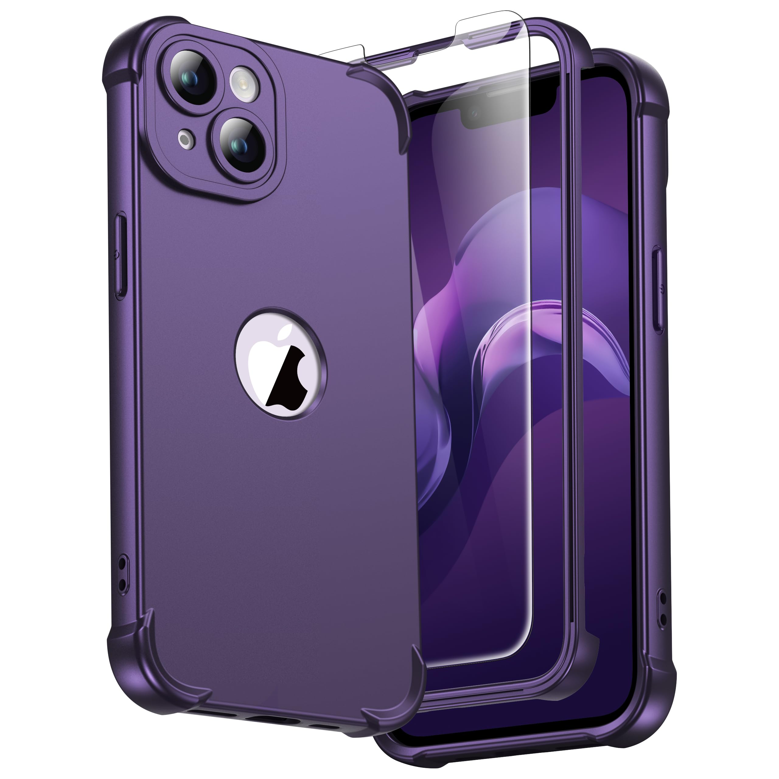 ORETECH Silicone Case for iPhone 14 Plus Case, with [2 x Tempered Glass Screen Protector] [Camera Protection] [Military Grade Protective] 360 Shockproof Thin Slim Fit Rubber Bumper Cover - Purple