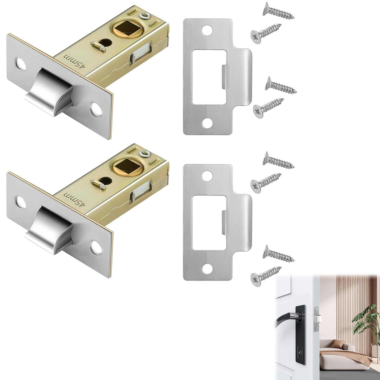 2 Set 45mm Tubular Latch, Internal Door Lock Mortice Latch Polished Door Latch for Sprung L