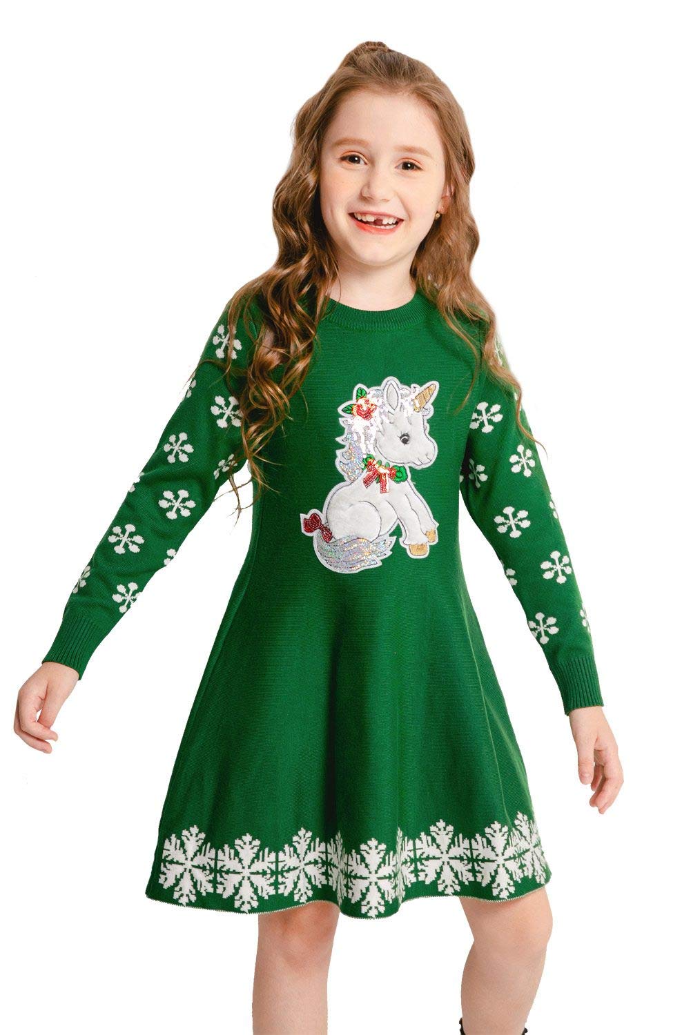 ZHUANNIAN Girls Unicorn Dress Knitted Xmas Snowflake Jumper Sweater Dresses Gifts (2-3years