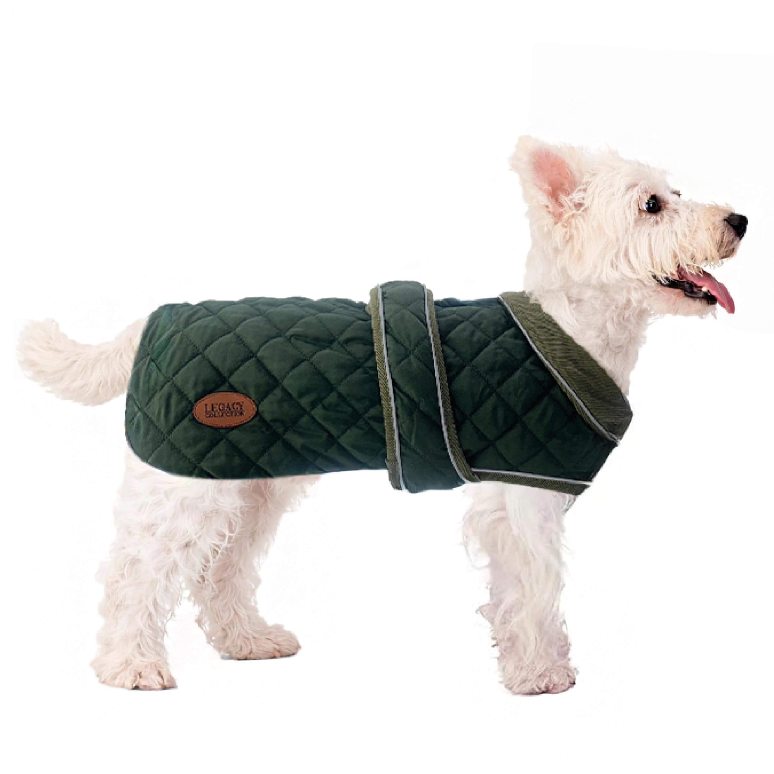 HugglePets Legacy Quilted Dog Coat | Khaki Green | Adjustable Belly Strap with Zipped Colla