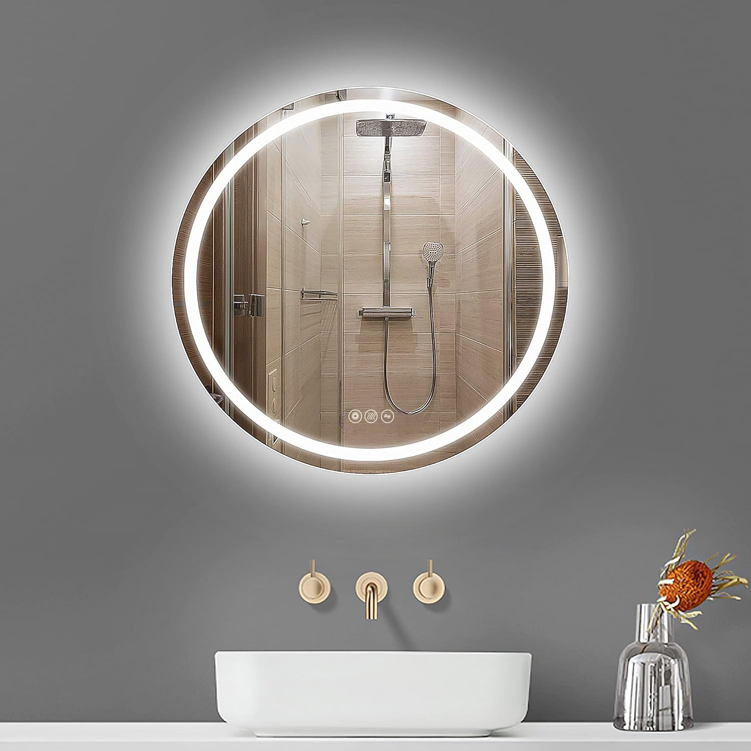 Bathroom LED Mirror Round 60cm Lighted Illuminated Backlit Light Up Mirror with Touch Switch Color Change Anti-Fog Wall Mounted Type C 60L x 60W cm