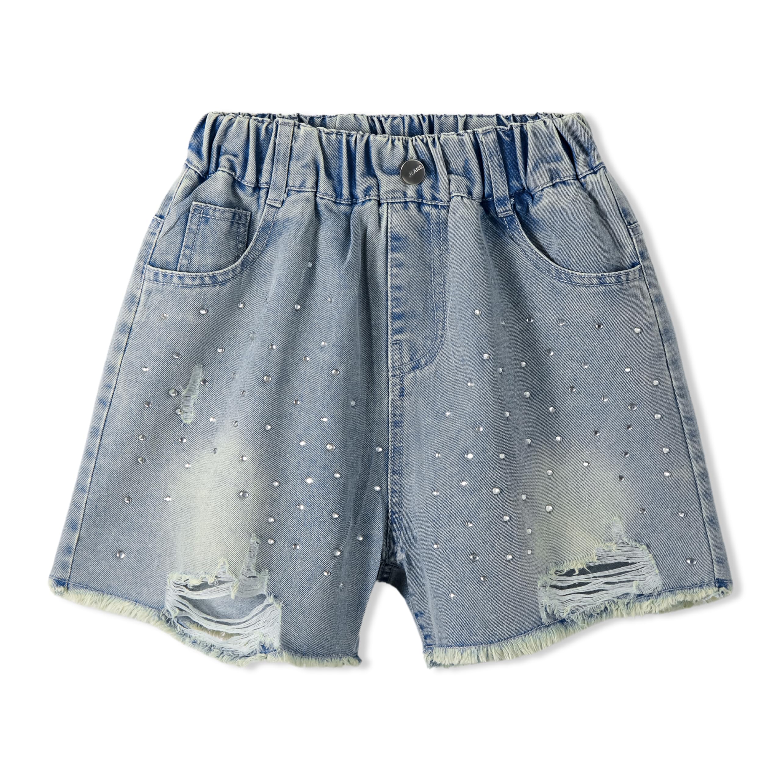 Rolanko Girls Denim Shorts Elastic Waist Summer Ripped Hot Short Jeans with Pockets for Kid