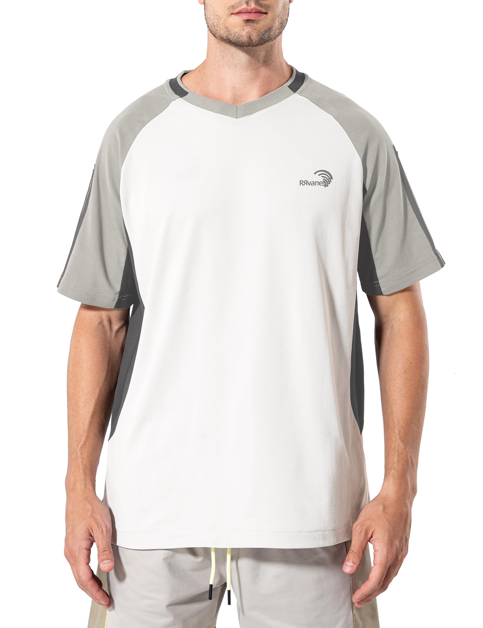 RRvane Men's V-Neck Performance Top, UPF 50+ Sun Protection & Quick-Dry Training Tee with Raglan Sleeves (3XL, Off White)