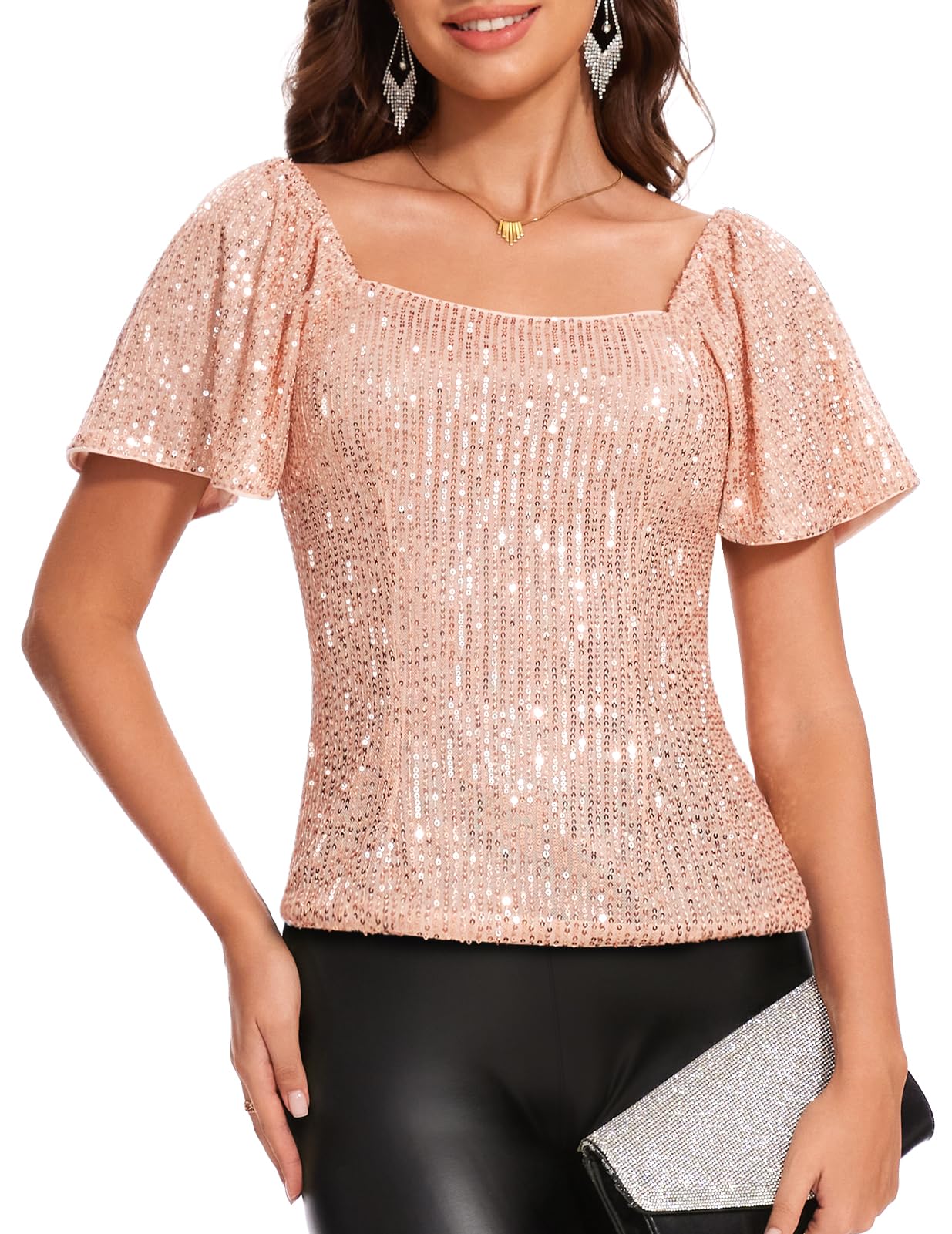 DRESSTELLS Sequin Sparkly Square Neck Tops for Women Short Sleeve Blouse for Concert Party Shirts (Rosegold)