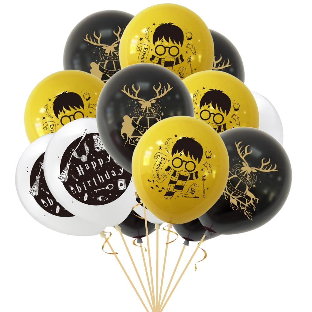 15Pcs Balloons, Party Latex Balloons, 12 inch Black White Gold Wizard Balloons